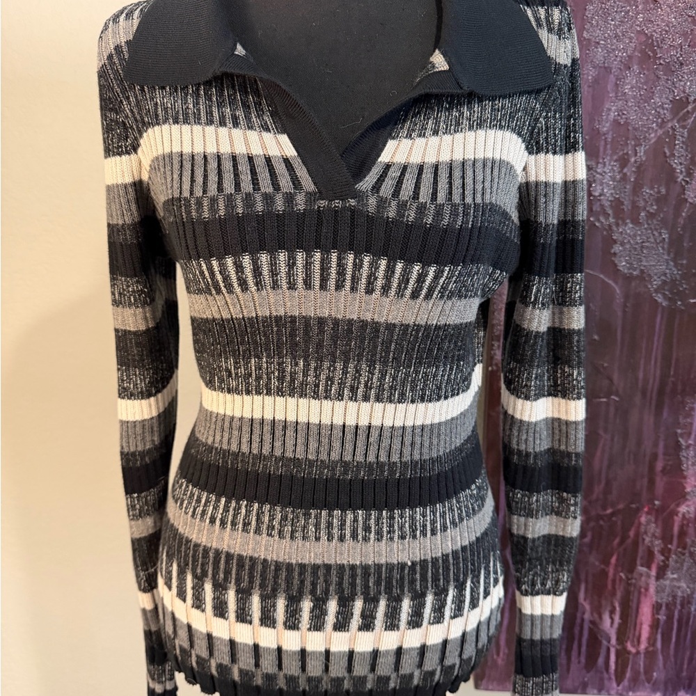 NWT Alp n Rock Luisa Striped Rib-Knit Polo Sweater - Black & Gray
